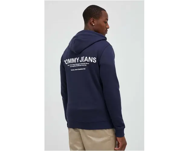 Tommy Jeans hanorac de bumbac barbati, culoarea albastru marin, cu gluga, cu imprimeu