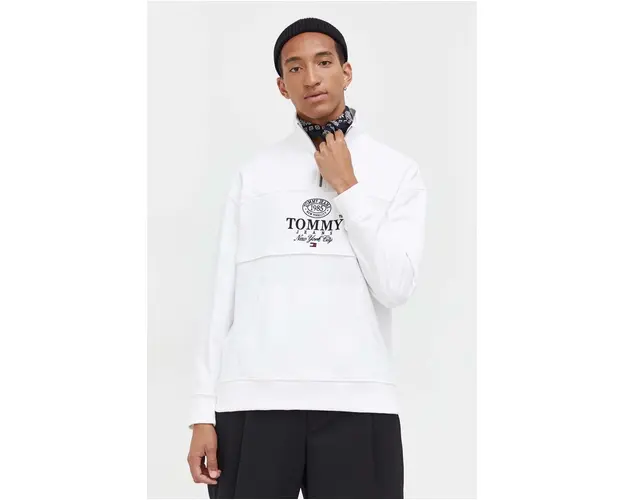 Tommy Jeans hanorac de bumbac barbati, culoarea alb, cu imprimeu