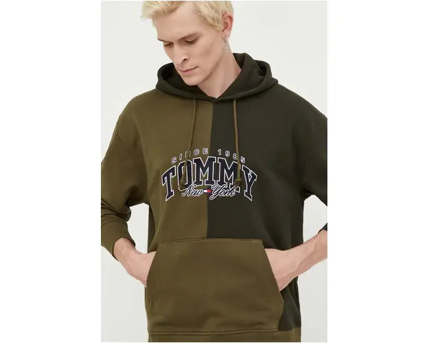 Tommy Jeans hanorac de bumbac barbati, culoarea verde, cu gluga, cu imprimeu