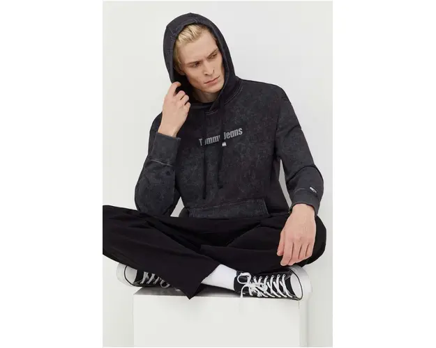 Tommy Jeans hanorac de bumbac barbati, culoarea gri, cu gluga, cu imprimeu