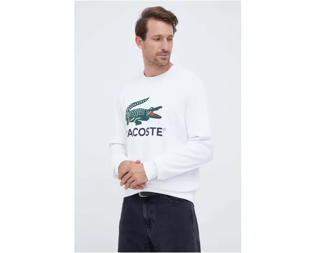 Lacoste hanorac de bumbac barbati, culoarea alb, cu imprimeu