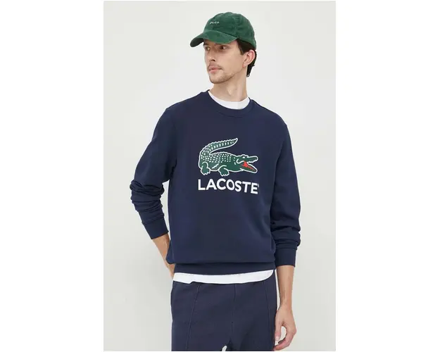 Lacoste hanorac de bumbac barbati, culoarea albastru marin, cu imprimeu