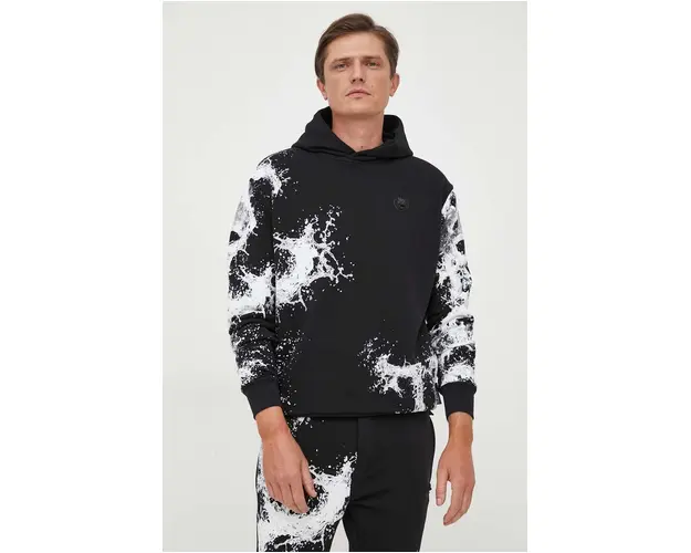 PLEIN SPORT bluza barbati, culoarea negru, cu gluga, cu imprimeu