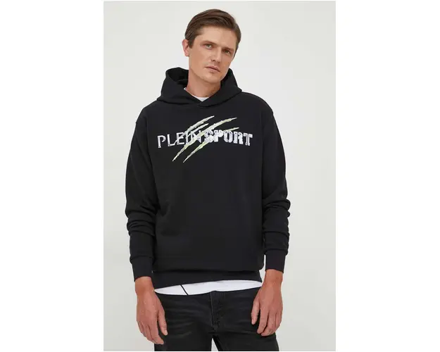 PLEIN SPORT bluza barbati, culoarea negru, cu gluga, cu imprimeu