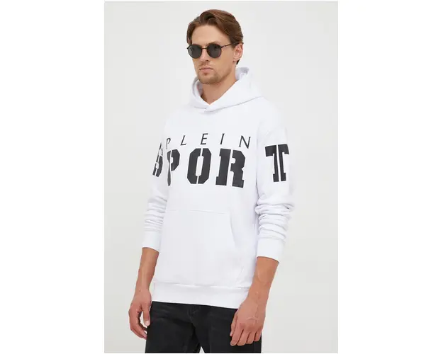 PLEIN SPORT bluza barbati, culoarea alb, cu gluga, cu imprimeu