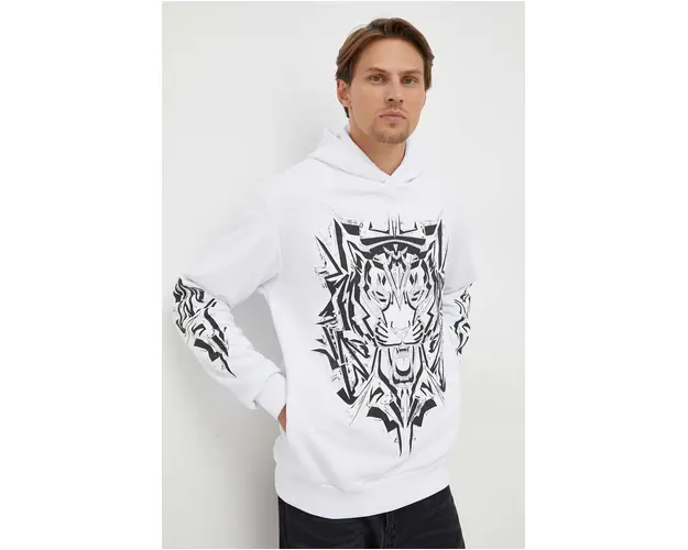 PLEIN SPORT bluza barbati, culoarea alb, cu gluga, cu imprimeu