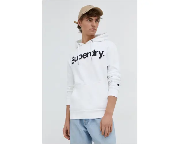 Superdry hanorac de bumbac barbati, culoarea bej, cu gluga, cu imprimeu