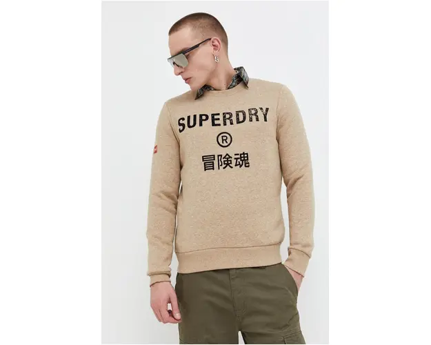 Superdry bluza barbati, culoarea bej, cu imprimeu