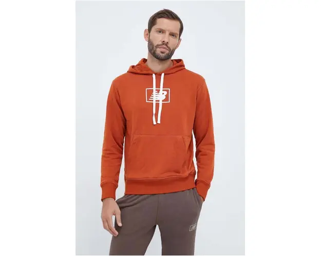 New Balance bluza barbati, culoarea maro, cu gluga, cu imprimeu
