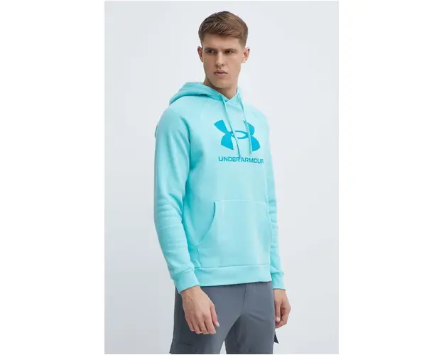 Under Armour bluza barbati, culoarea turcoaz, cu gluga, cu imprimeu