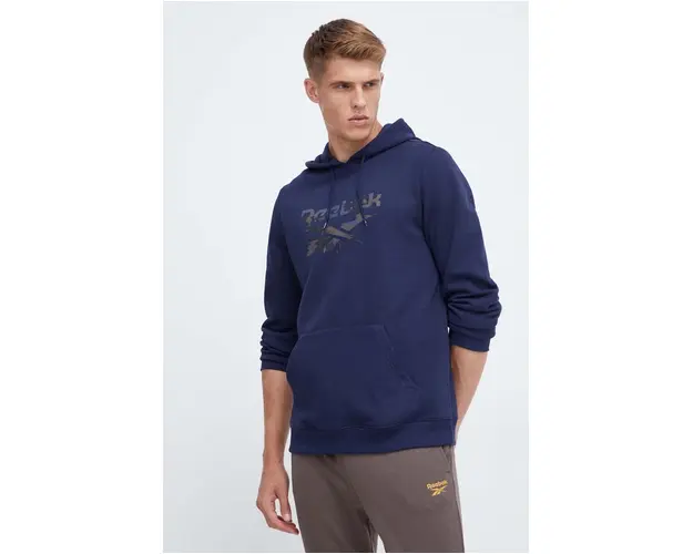 Reebok bluza barbati, culoarea albastru marin, cu gluga, cu imprimeu