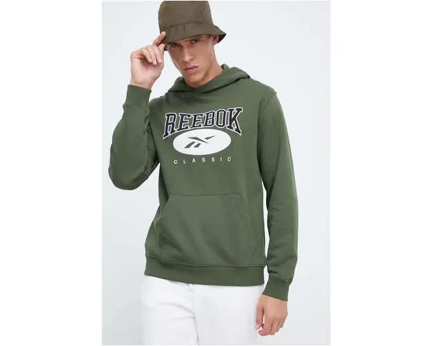 Reebok Classic bluza barbati, culoarea verde, cu gluga, cu imprimeu