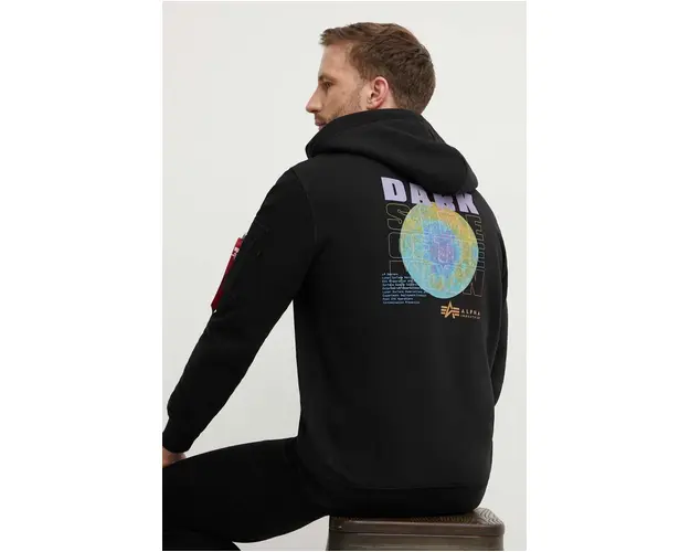 Alpha Industries bluza barbati, culoarea negru, cu gluga, cu imprimeu