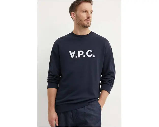 A.P.C. hanorac de bumbac barbati, culoarea bleumarin, cu imprimeu