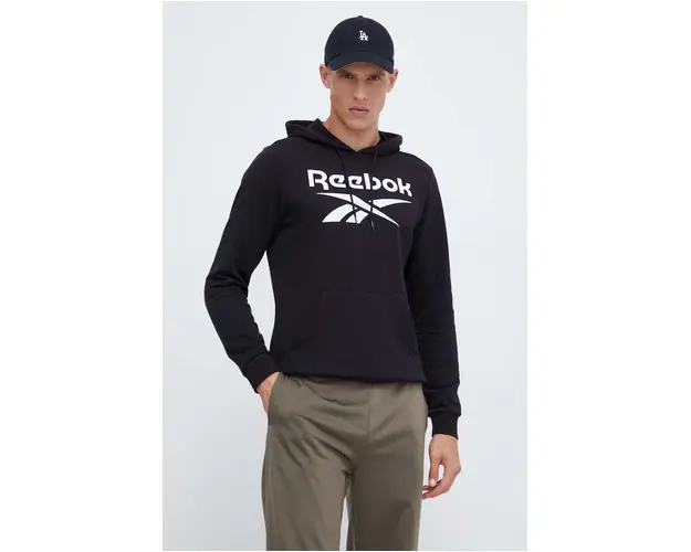 Reebok bluza barbati, culoarea negru, cu gluga, cu imprimeu