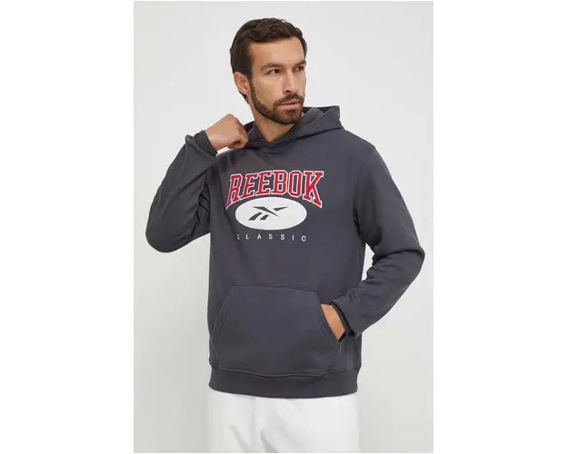 Reebok Classic bluza barbati, culoarea gri, cu gluga, cu imprimeu