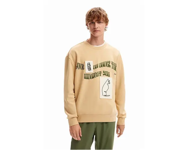 Desigual hanorac de bumbac 23WMSK07 SWEAT_JESUS barbati, culoarea bej, cu imprimeu