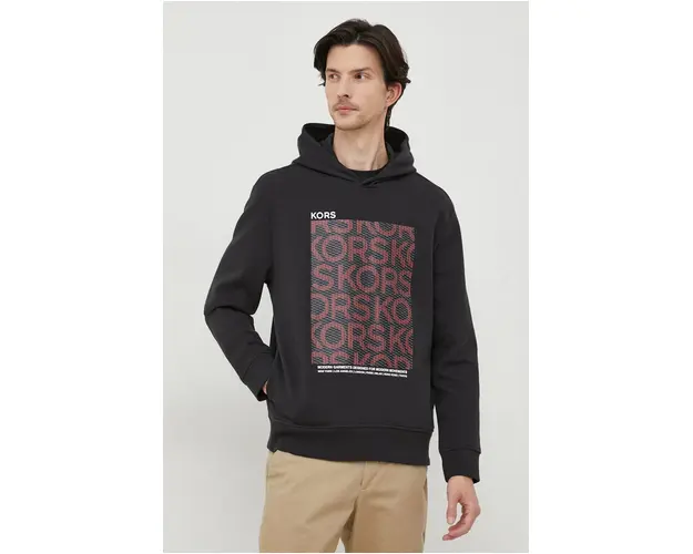 Michael Kors bluza barbati, culoarea negru, cu gluga, cu imprimeu