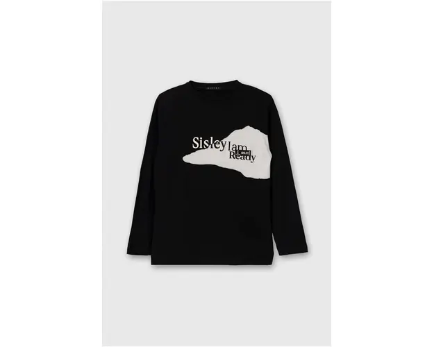 Sisley longsleeve din bumbac pentru copii culoarea negru, cu imprimeu