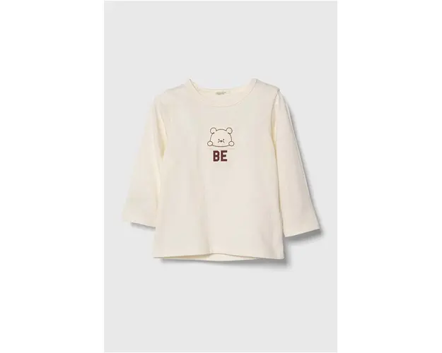 United Colors of Benetton longsleeve din bumbac pentru bebelusi culoarea bej, cu imprimeu
