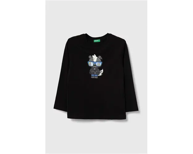 United Colors of Benetton longsleeve din bumbac pentru copii culoarea negru, cu imprimeu