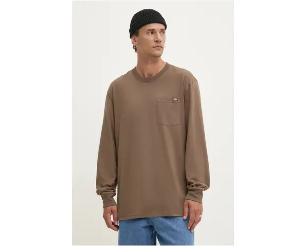 Dickies longsleeve din bumbac culoarea maro, neted
