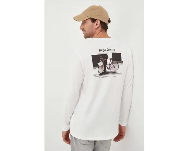 Pepe Jeans longsleeve din bumbac Kenzie culoarea bej, cu imprimeu