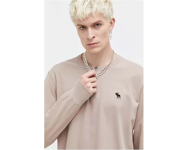 Abercrombie & Fitch longsleeve din bumbac culoarea bej, neted