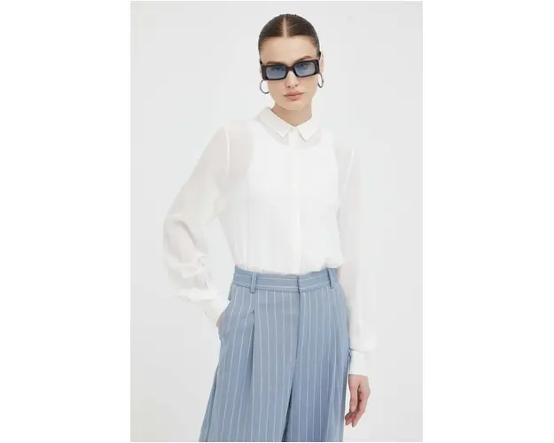 Bruuns Bazaar camasa de matase culoarea alb, cu guler clasic, regular