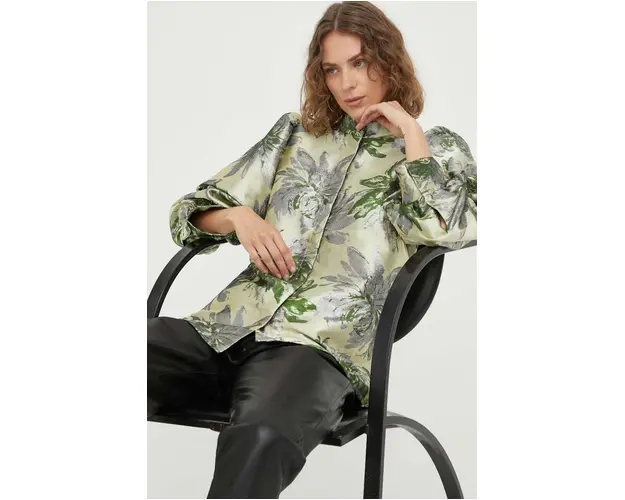 Bruuns Bazaar camasa Watsonia Lica femei, culoarea verde, cu guler stand-up, regular