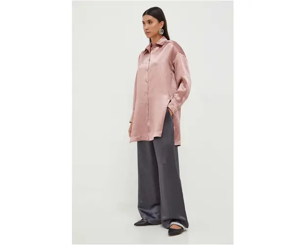 Max Mara Leisure camasa femei, culoarea roz, cu guler clasic, relaxed