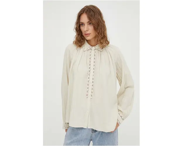 BA&SH camasa din bumbac femei, culoarea bej, cu guler clasic, regular