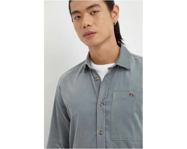 Bruuns Bazaar camasa din bumbac barbati, culoarea gri, cu guler button-down, regular