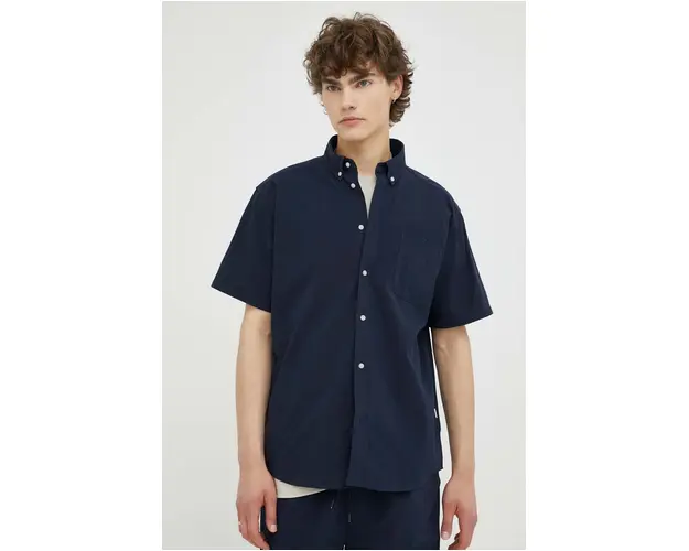 Les Deux camasa din bumbac Louis Seersucker barbati, culoarea albastru marin, cu guler button-down, regular