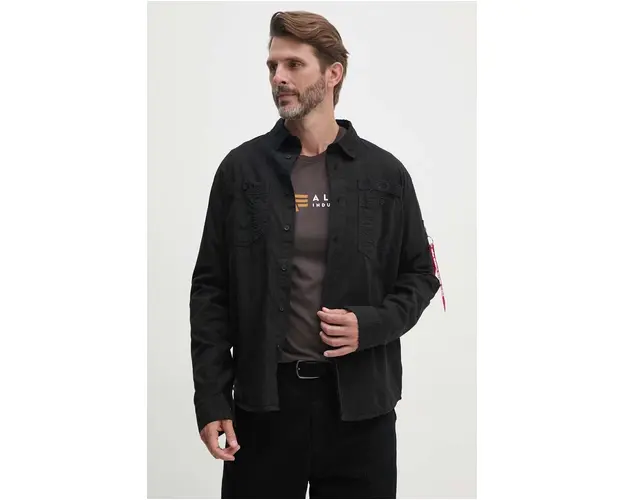 Alpha Industries camasa din bumbac barbati, culoarea negru, cu guler clasic, regular