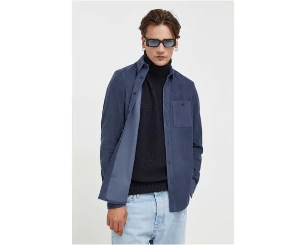 Drykorn camasa din velur culoarea albastru marin, cu guler button-down, regular