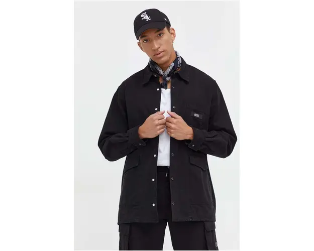 GCDS camasa din bumbac barbati, culoarea negru, cu guler clasic, relaxed