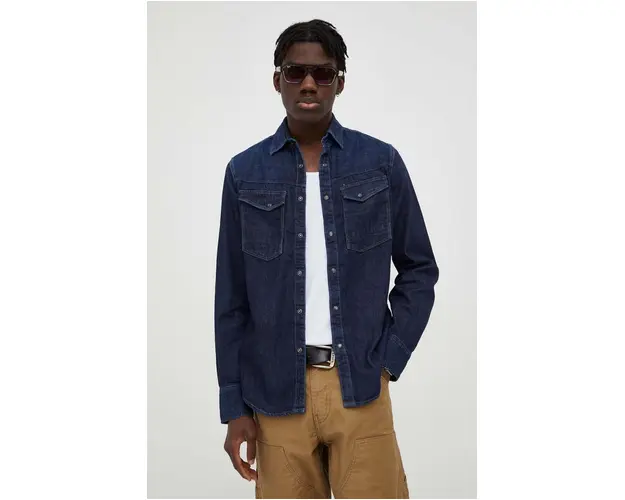 G-Star Raw camasa jeans barbati, culoarea albastru marin, cu guler clasic, slim