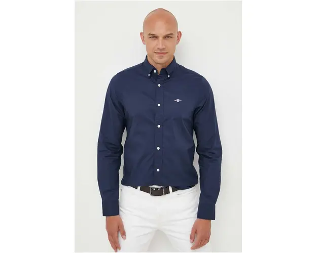Gant camasa din bumbac barbati, culoarea albastru marin, cu guler button-down, slim