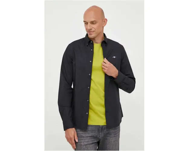 Gant camasa din bumbac barbati, culoarea negru, cu guler button-down, slim