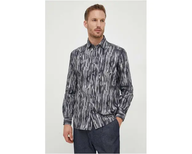 Sisley camasa din bumbac barbati, culoarea negru, cu guler clasic, regular