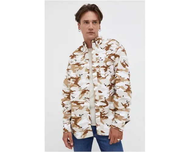 Tommy Jeans camasa din bumbac barbati, culoarea maro, cu guler button-down, relaxed