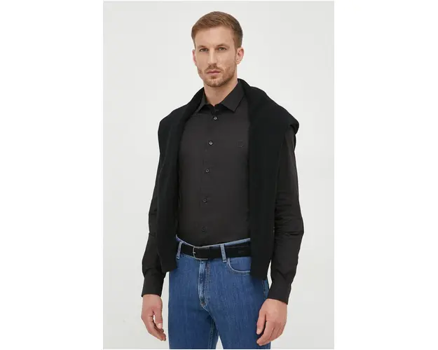 Trussardi camasa barbati, culoarea negru, cu guler italian, slim