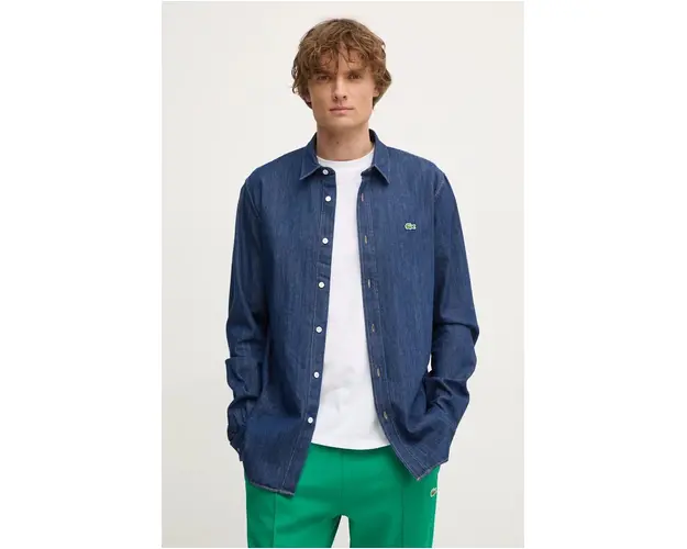 Lacoste camasa jeans barbati, culoarea albastru marin, cu guler clasic, regular