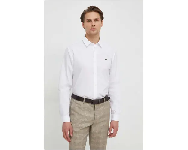 Lacoste camasa din bumbac barbati, culoarea alb, cu guler clasic, slim