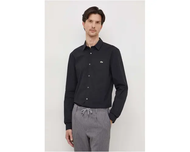 Lacoste camasa din bumbac barbati, culoarea negru, cu guler clasic, slim