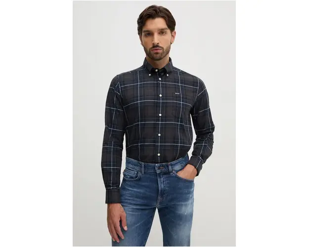 Barbour camasa din bumbac barbati, culoarea maro, cu guler button-down, slim