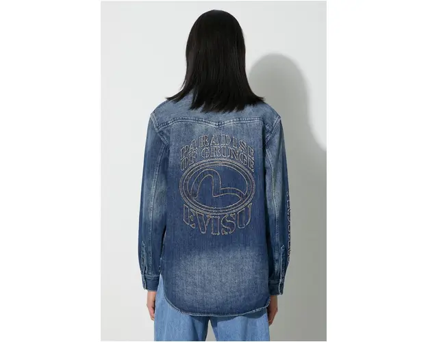 Evisu camasa din denim Seagull Appolique barbati, cu guler clasic, relaxed, 2EAHTM3SL8012RXCT