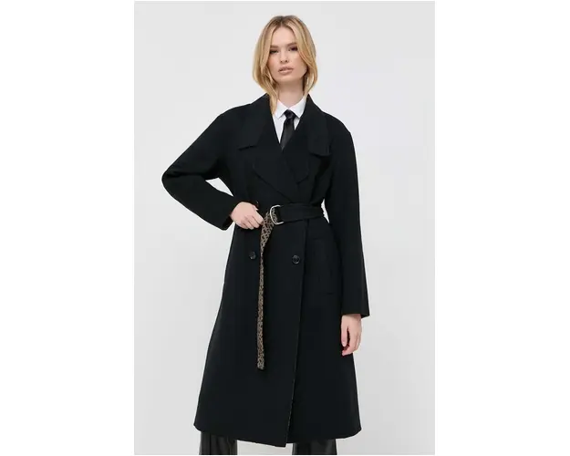 BOSS palton de lana culoarea negru, de tranzitie, cu doua randuri de nasturi