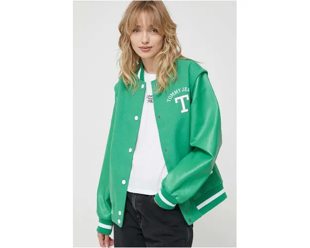 Tommy Jeans jacheta bomber din amestec de lana culoarea verde, de tranzitie